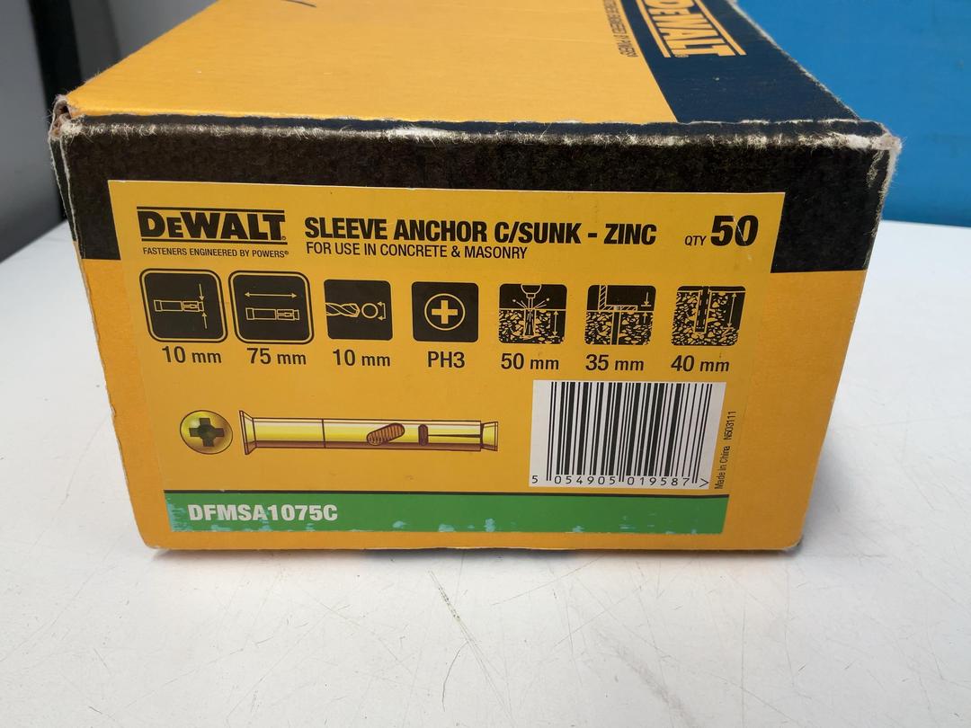 Photo '2' of DeWalt Sleeve Anchors C/Sunk - Zinc Photo '2' of DeWalt Sleeve Anchors C/Sunk - Zinc
