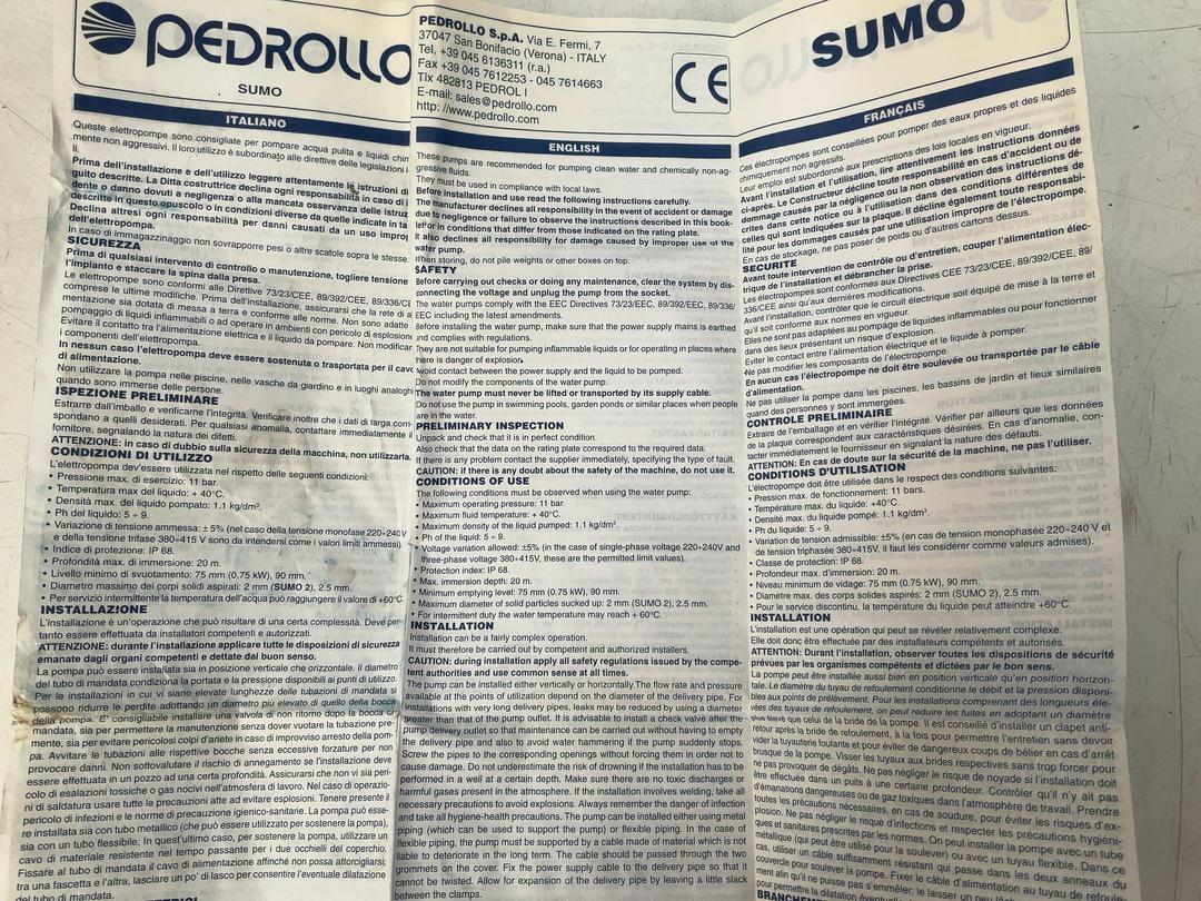 Photo '9' of Pefrollo - SUMO 4/15 Submersible Pump *NEW* Photo '9' of Pefrollo - SUMO 4/15 Submersible Pump *NEW*