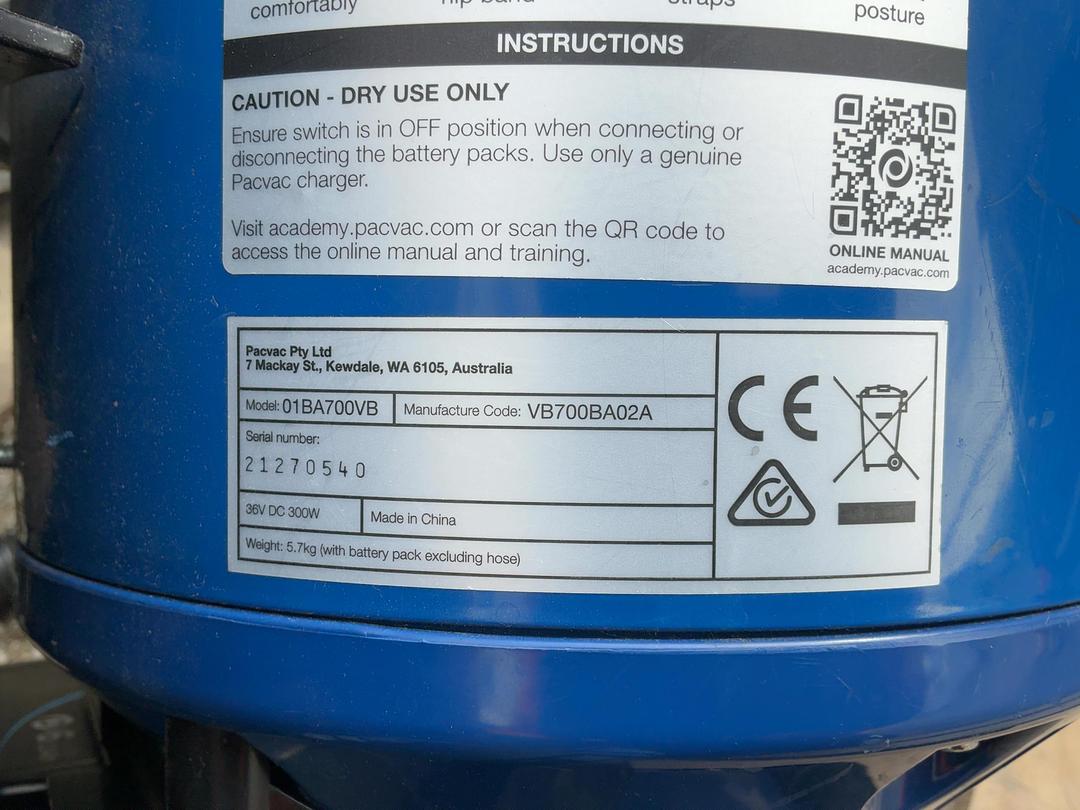Photo '5' of Pacvac Superpro Battery 700 Backpack Vacuum Cleaner Photo '5' of Pacvac Superpro Battery 700 Backpack Vacuum Cleaner