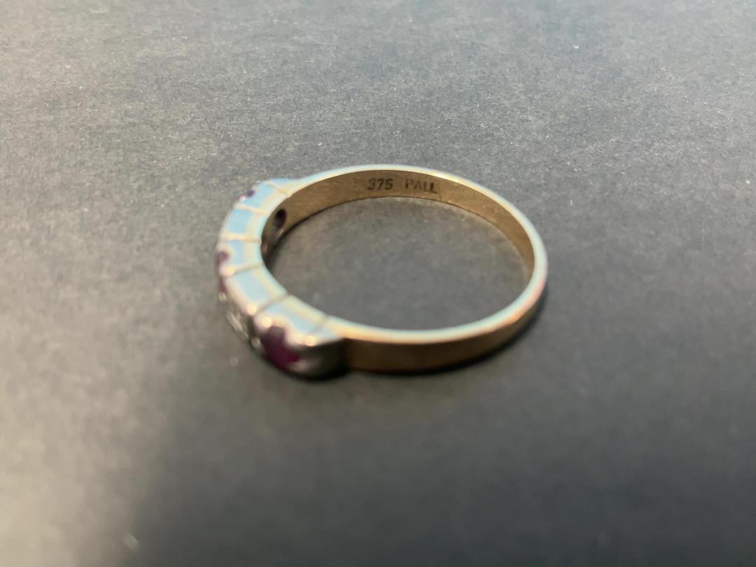 Photo '3' of 9CT Gold Ring w/ Red and Diamond Stones - 375 PALL